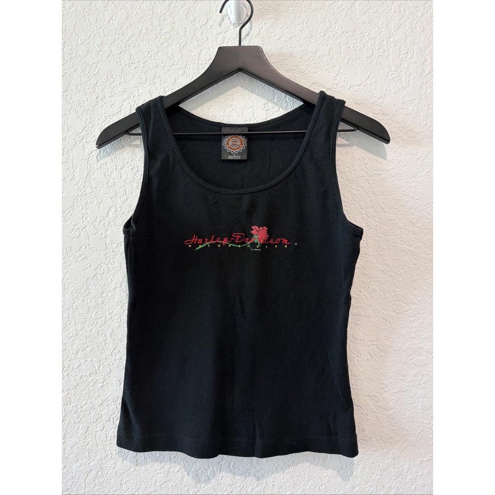 Harley Davidson Vintage 1998 Black Tank Rose Embroidered Made In USA Rare Large